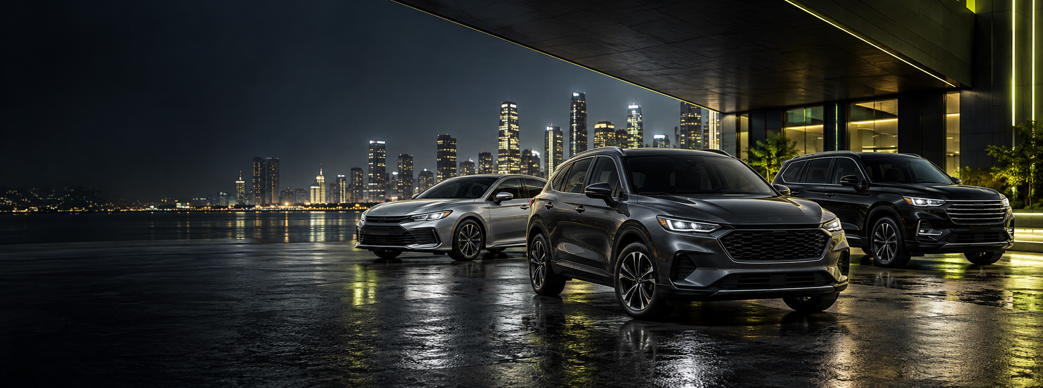 Three modern rental vehicles in a premium nighttime setting